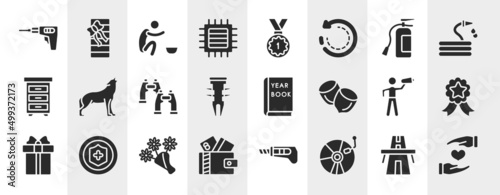 general filled icons set. editable glyph icons such as perforator, patch crop, fire estinguisher, wolf howling, yearbook, winning, daisy bouquet, cd record vector.