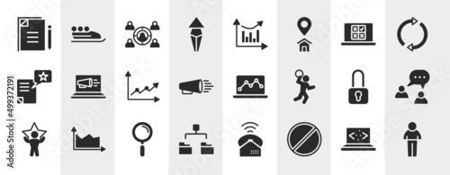 business pack filled icons set. editable glyph icons such as copywriting, arrows up, online voting, laptop computer, graph notebook, buzz, magnifier tool, banned vector.