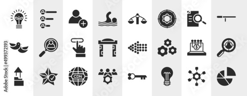 business and charts filled icons set. editable glyph icons such as ecological lightbulb, swim, defining, hiring, left dots arrow, headhunting, cdn, lightbulb with bolt vector.