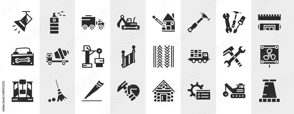 constructicons filled icons set. editable glyph icons such as light spot, excavator hine arm, three tools, cement truck, tiremark, vent, wood saw, tools window vector. constructicons filled icons set. editable glyph icons such as light spot, excavator hine arm, three tools, cement truck, tiremark, vent, wood saw, tools window vector.