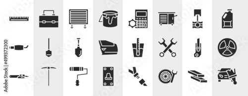 car repair filled icons set. editable glyph icons such as school ruler, open paint bucket, piston, working shovel, tester, radiation, painter roller, winter tires vector.