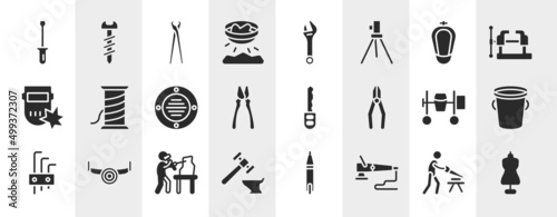 fashion design filled icons set. editable glyph icons such as screwdrivers, panning, urinal, copper wire, car key, water bucket, sculptor, polisher vector.