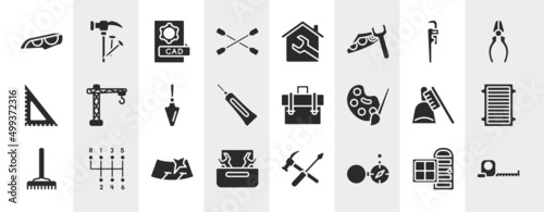 toolbox filled icons set. editable glyph icons such as headlights, lug wrench, stillson wrench, lifter, businessman portfolio, air filter, windshield, open compass vector.