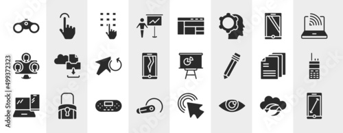 responsive web filled icons set. editable glyph icons such as binoculars tool, , monitor tablet and smartohone, archives files download, statistics presentation, satellite phone, portable console,