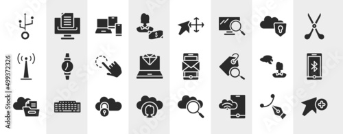 cursors and pointers filled icons set. editable glyph icons such as usb, , protected on internet, on time, smartphone with message, password of internet, phone connected to internet