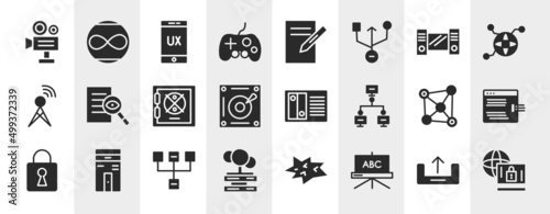 cyber robbery filled icons set. editable glyph icons such as video production, controler, workstation, investigation, nas, code injection, sitemap, blackboard vector.