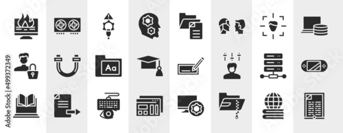 computer and files filled icons set. editable glyph icons such as data loss, thought, detection, sata, edit text, handheld console, keylogger, compressed file vector.