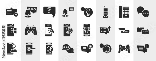 talking filled icons set. editable glyph icons such as add message, female, call director phone, ps4 gamepad, wireless, chat bubbles with lines, phone with music player, female user talking vector.