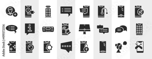 smartphones filled icons set. editable glyph icons such as add contact, blank speech bubble, new telephone, speech bubble information, monitor, phone menu, phone tings, modern smartphone vector.