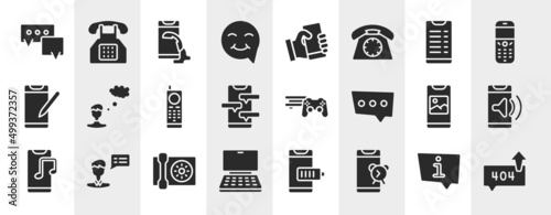 talking filled icons set. editable glyph icons such as speech bubble, smiley inside speech bubble, transaction phone, man, video game console ps4, telephone volume, wall phone, alarm phone vector.