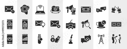 news filled icons set. editable glyph icons such as new message, rotate camera, chat bubbles, low, console, reel, flash disk, calm vector.