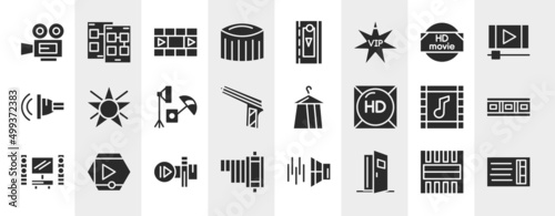 cinema filled icons set. editable glyph icons such as movie film, zoetrope, hd movie, film star, dressing room, filmstrip, slow motion, doorway vector.