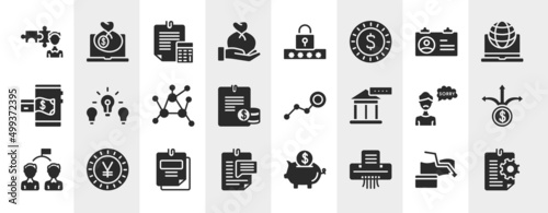 business filled icons set. editable glyph icons such as cooperate, wage, identification card, difference, limit, pathway, taxes, paper shredder vector.