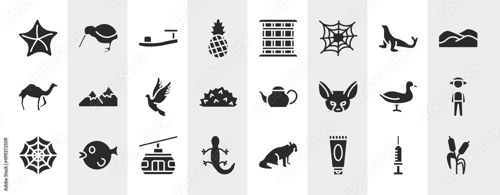 nature filled icons set. editable glyph icons such as starfish, pine, sea lion, mountains, teapot, guard, cable car, sun cream vector. nature filled icons set. editable glyph icons such as starfish, pine, sea lion, mountains, teapot, guard, cable car, sun cream vector.