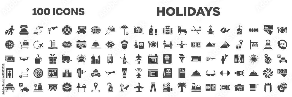 set of 100 filled holidays icons. editable glyph icons collection such as traveler at the airport, toiletries, airplanes on radar, plate, knife and fork, beach postcard, full body, taxi frontal set of 100 filled holidays icons. editable glyph icons collection such as traveler at the airport, toiletries, airplanes on radar, plate, knife and fork, beach postcard, full body, taxi frontal