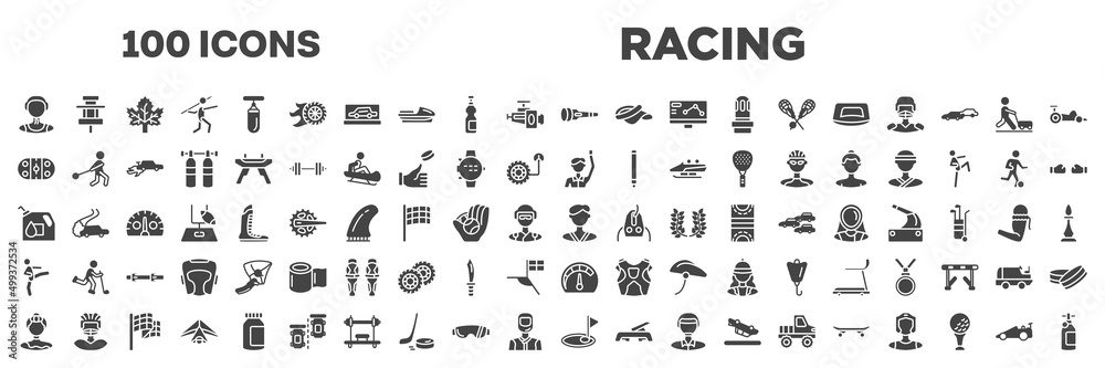 set of 100 filled racing icons. editable glyph icons collection such as waterpolo player, dive light, arena, committee, oil down, kicking, gymnast, birdie, drag racing vector illustration.