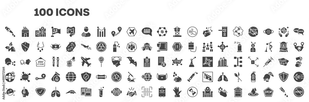 set of 100 filled icons. editable glyph icons collection such as dropper, isolation, sneeze, tableware, cough, worldwide, planet, suitcase, gel vector illustration.