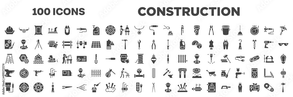 Obraz premium set of 100 filled construction icons. editable glyph icons collection such as head protection, painted, decoupage, crimping pliers, stepladder, bidet, electric meter, pincers, timing belt vector
