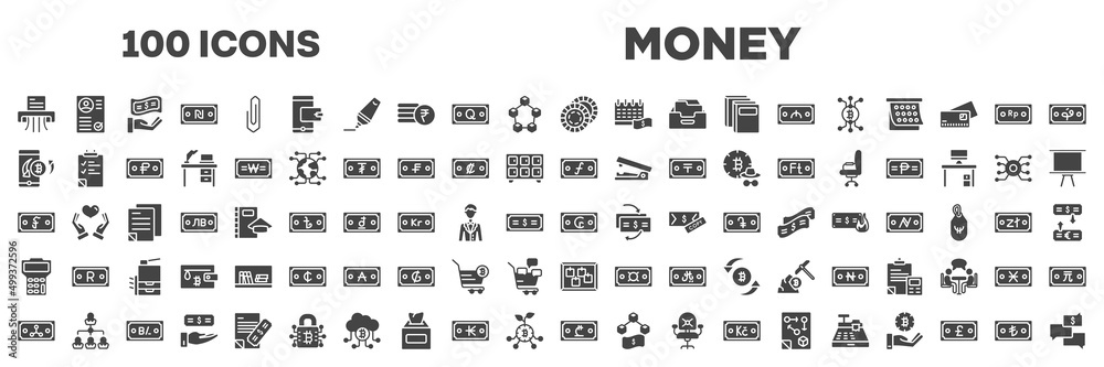 set of 100 filled money icons. editable glyph icons collection such as shredder, poker chip, mobile banking, guilder, riel, maths, rippie, lari, turkish lira vector illustration. set of 100 filled money icons. editable glyph icons collection such as shredder, poker chip, mobile banking, guilder, riel, maths, rippie, lari, turkish lira vector illustration.