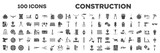 set of 100 filled construction icons. editable glyph icons collection such as head protection, painted, decoupage, crimping pliers, stepladder, bidet, electric meter, pincers, timing belt vector