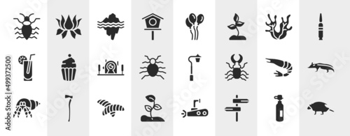 animals filled icons set. editable glyph icons such as antlion, birdhouse, seaweed, cupcake, streetlight, badger, chrysalid, road vector. © VectorStockDesign