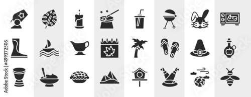 spring filled icons set. editable glyph icons such as cannon, magic wand, bunny, sailing, coconut tree, cider, pie, scene vector. © VectorStockDesign