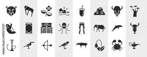 desert filled icons set. editable glyph icons such as jaguar, sun, bison, rug, fatigue, bull skull, archery, harebell vector.