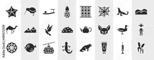 nature filled icons set. editable glyph icons such as starfish, pine, sea lion, mountains, teapot, guard, cable car, sun cream vector.