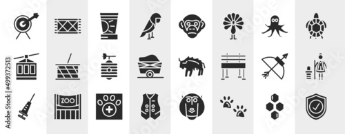 in the zoo filled icons set. editable glyph icons such as archery, parrot, octopus, picnic basket, bison, cleaner, veterinarian, pawprints vector.