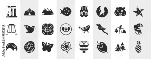 nature filled icons set. editable glyph icons such as relics, puffer fish, hamster, dove, blue whale, toucan, butterflies, hazelnut vector. © VectorStockDesign