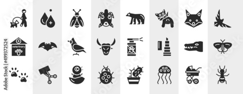 insects filled icons set. editable glyph icons such as walking the dog, turtle, fox, bat, anti flea, moth, chick, jellyfish vector. photo