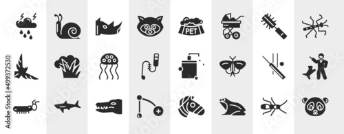 animals filled icons set. editable glyph icons such asthunderstorm  snail  rhinoceros  raccoon vector collection.