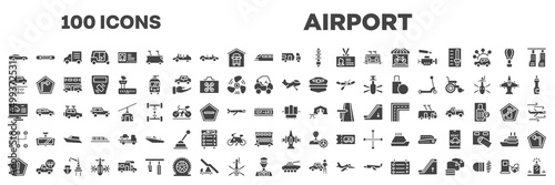 set of 100 filled airport icons. editable glyph icons collection such as sportive car, touristic, undercarriage, small plane, computer test, manual transmission, precaution, armored vehicle,