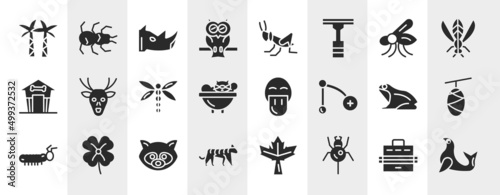 nature filled icons set. editable glyph icons such as palm tree, owl, mosquito, deer, platypus, cocoon, raccoon, spider vector. © VectorStockDesign