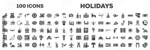 set of 100 filled holidays icons. editable glyph icons collection such as traveler at the airport, toiletries, airplanes on radar, plate, knife and fork, beach postcard, full body, taxi frontal