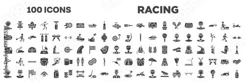 set of 100 filled racing icons. editable glyph icons collection such as waterpolo player, dive light, arena, committee, oil down, kicking, gymnast, birdie, drag racing vector illustration.
