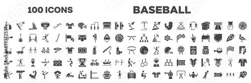 set of 100 filled baseball icons. editable glyph icons collection such as bullfight, kitesurf, ets, black belt, stationary bicycle, handlebar, rhythmic gymnastics, emergencies, football team vector