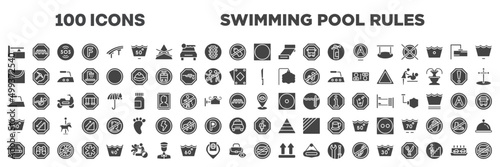 set of 100 filled swimming pool rules icons. editable glyph icons collection such as store board, circle inside square, drying line, strong knife, iron low, 50 degrees minium agitation, smoke zone,