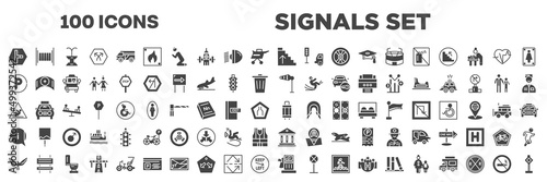set of 100 filled signals set icons. editable glyph icons collection such as t junction, ascending stairs, parking hexagonal, wind flag, wet floot, information, hawk, fuel oil bomb service,