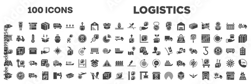 set of 100 filled logistics icons. editable glyph icons collection such as clamp as indicated, do not use cutter, delivery insurance, delivery box, stack package, pallets, package delivery, storage