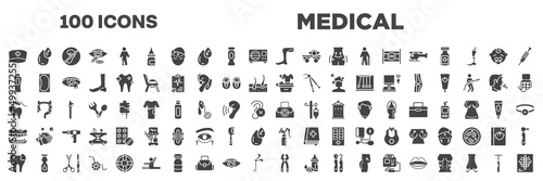 set of 100 filled medical icons. editable glyph icons collection such as doctor cap, legs, baby powder, washing clothes, brushing teeth, dentures, caries, tooth pliers, neurology reflex hammer