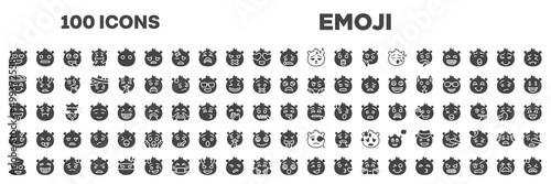 set of 100 filled emoji icons. editable glyph icons collection such as emoji emoji, cry smiling with halo slightly frowning tongue out headache poo dizzy crying vector illustration.