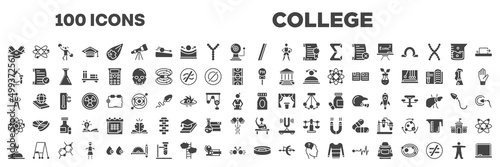 set of 100 filled college icons. editable glyph icons collection such as scholarship, slash, healthcare and medical, ph, pe teacher, neutrons, burn, petri dish, anatomy vector illustration.