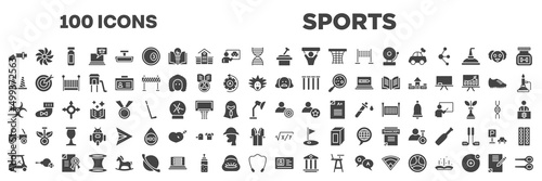 set of 100 filled sports icons. editable glyph icons collection such as damaged, sandbox, bollards, shakespeare, hazard, testing glasses, golf cart, driving license, homework vector illustration.