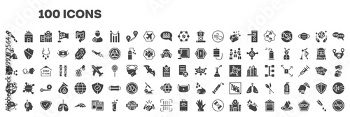 set of 100 filled icons. editable glyph icons collection such as dropper, isolation, sneeze, tableware, cough, worldwide, planet, suitcase, gel vector illustration.