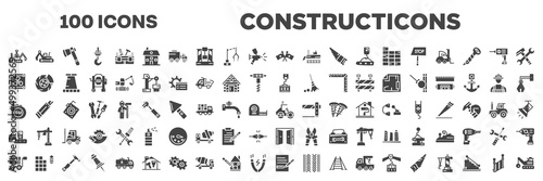 set of 100 filled constructicons icons. editable glyph icons collection such as construction excavator, flags crossed, vent, crane holding construction panel, five meters ruler, derrick with boxes, photo