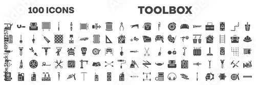 set of 100 filled toolbox icons. editable glyph icons collection such as pedals, fender, door and window, steamroller, exhaust pipe, hammer and nail, cad, suspension, tyre vector illustration.