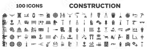 set of 100 filled construction icons. editable glyph icons collection such as head protection, painted, decoupage, crimping pliers, stepladder, bidet, electric meter, pincers, timing belt vector