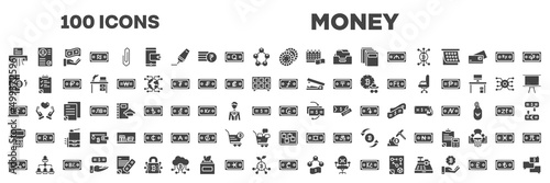 set of 100 filled money icons. editable glyph icons collection such as shredder, poker chip, mobile banking, guilder, riel, maths, rippie, lari, turkish lira vector illustration.