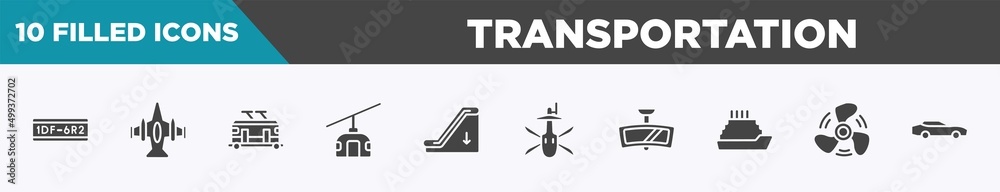 set of 10 filled transportation icons. editable glyph icons such as license plate, army airplane bottom view, trolley car, funifor, or down, military helicopter bottom view, rear-view mirror, ship set of 10 filled transportation icons. editable glyph icons such as license plate, army airplane bottom view, trolley car, funifor, or down, military helicopter bottom view, rear-view mirror, ship